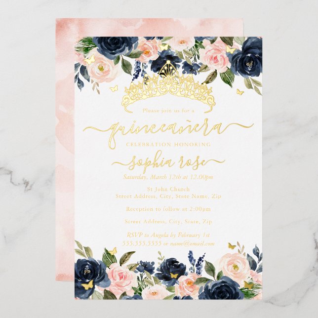 Blush Navy Bloral Golden Butterfly Quinceanera Folieneinladung (Vorderseite/Rückseite)