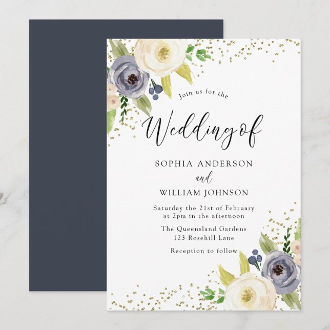 Blush Navy Blossom Blume Gold Glitzer Hochzeit Einladung (Vorne/Hinten)