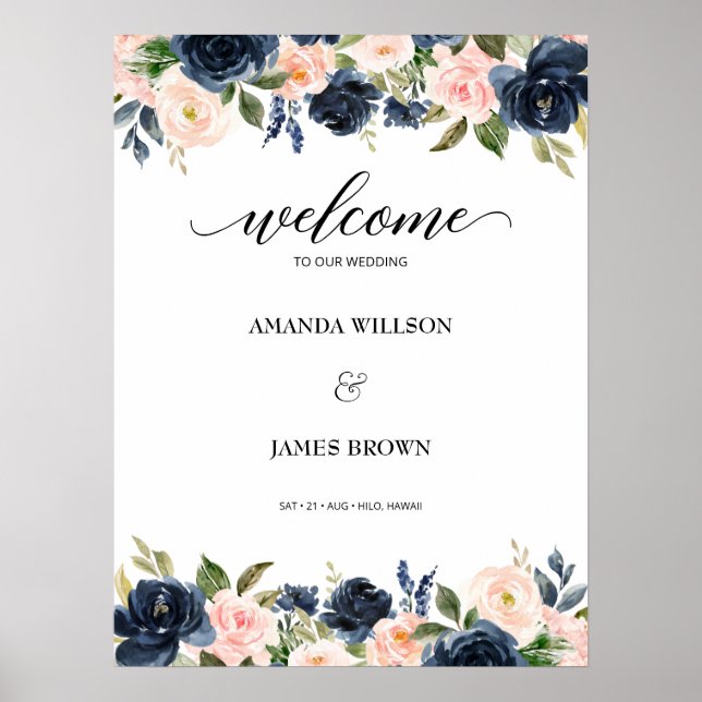 Blush Navy Blossom Hochzeit Willkommen Poster (Vorne)