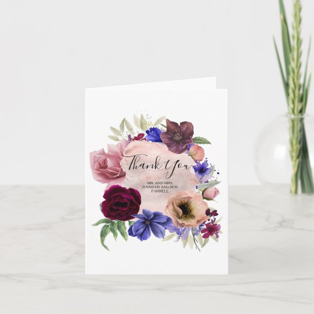 Blush Navy Blue Burgundy Floral Vielen Dank Dankeskarte (Vorderseite)