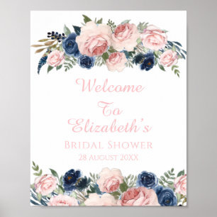 Blush Navy Blue Floral Bridal Shower Welcome Sign Poster