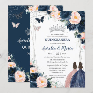 Blush Navy Blue Floral Silver Twins Quinceañera Einladung