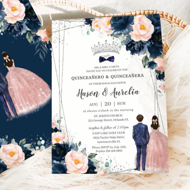 Blush Navy Blue Floral Twins Boy Girl Quinceañera Einladung (Von Creator hochgeladen)