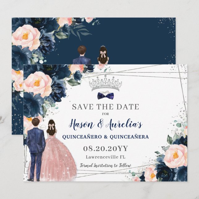 Blush Navy Blue Floral Twins Boy Girl Quinceañera Save The Date (Vorne/Hinten)