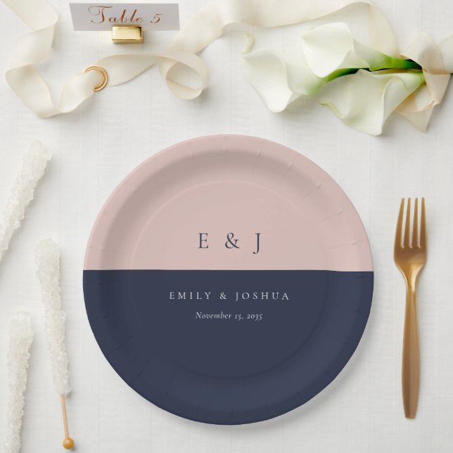 Blush Navy Blue Moderne Hochzeit Pappteller (Hochzeit)
