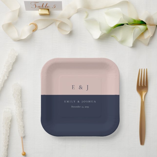 Blush Navy Blue Moderne Hochzeit Pappteller (Hochzeit)