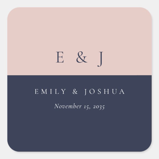 Blush Navy Blue Moderne Hochzeit Quadratischer Aufkleber (Vorderseite)