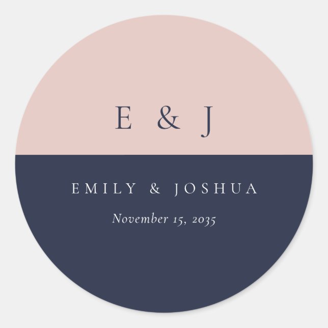 Blush Navy Blue Moderne Hochzeit Runder Aufkleber (Vorderseite)