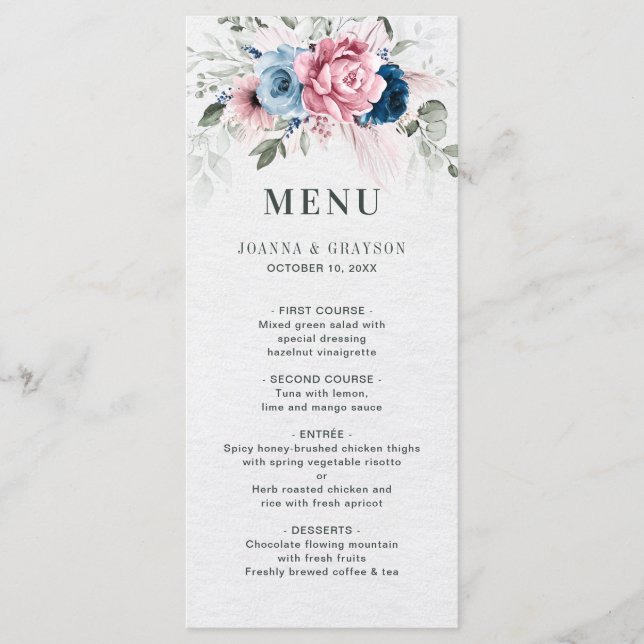 Blush Navy Blue Soft Pastel Pink Blues Hochzeit Menükarte (Vorderseite)