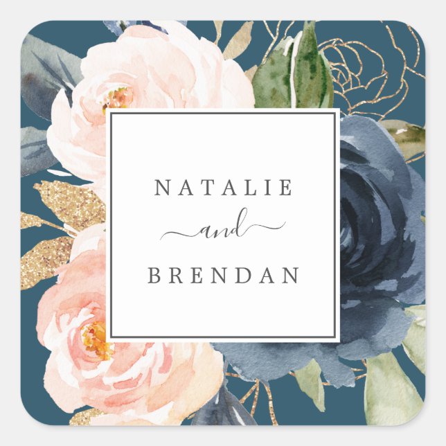 Blush & Navy Blume Blue Wedding Umschlag Aufkleber (Vorderseite)