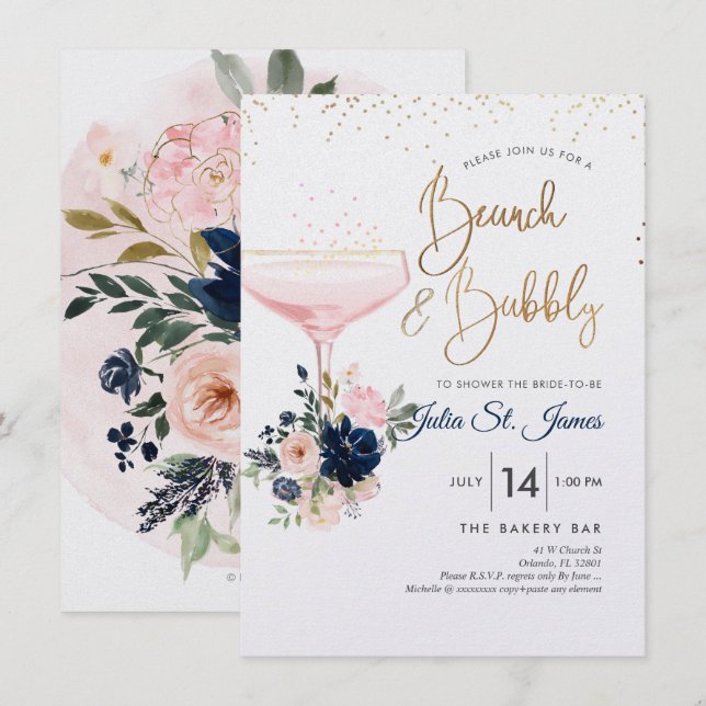 Blush+Navy Blume Brunch Bubbly Pink Champagne Einladung (Vorne/Hinten)