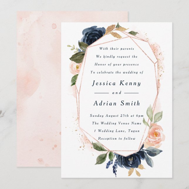 Blush & Navy Blume Geometric All Seasons Wedding Einladung (Vorne/Hinten)