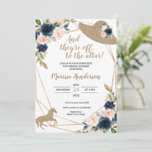 Blush & Navy Blume Kentucky Derby Brautparty Einladung (Stehend Vorderseite)