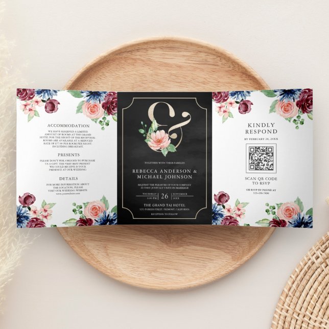 Blush Navy Burgundy Floral Black QR Code Hochzeit Dreifach Gefaltete Einladung (Von Creator hochgeladen)