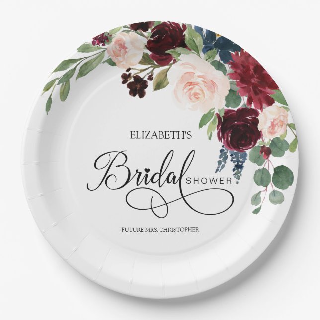 Blush Navy Burguny Marsala Floral Brautparty Pappteller (Vorderseite)