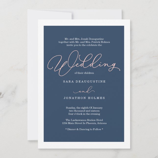 Blush & Navy Calligraphy Hochzeitseinladung Einladung (Vorderseite)