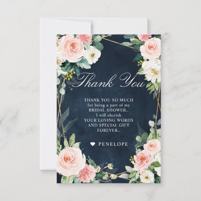 Blush Navy Dusty Blue Botanical Brautparty Dankeskarte (Vorderseite)