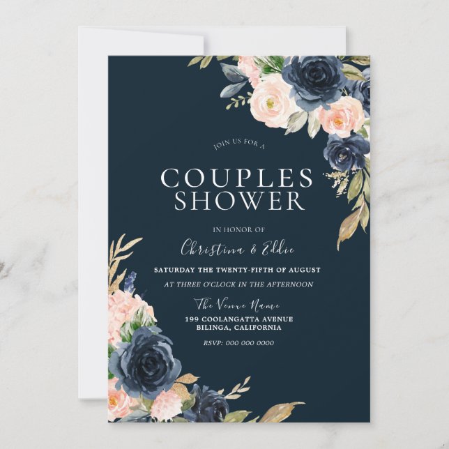 Blush & Navy Elegante Moderne Paare Dusche Einladung (Vorderseite)