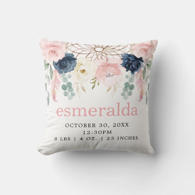 Blush Navy Floral Boho Dreamcatcher Geburtsstunde Kissen (Vorderseite)