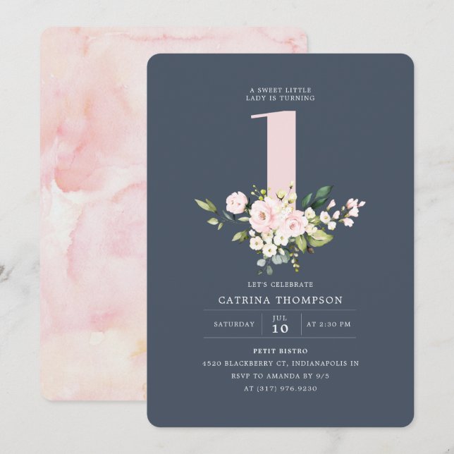 Blush & Navy Floral & Eukalyptus Girl 1. Geburtsta Einladung (Vorne/Hinten)