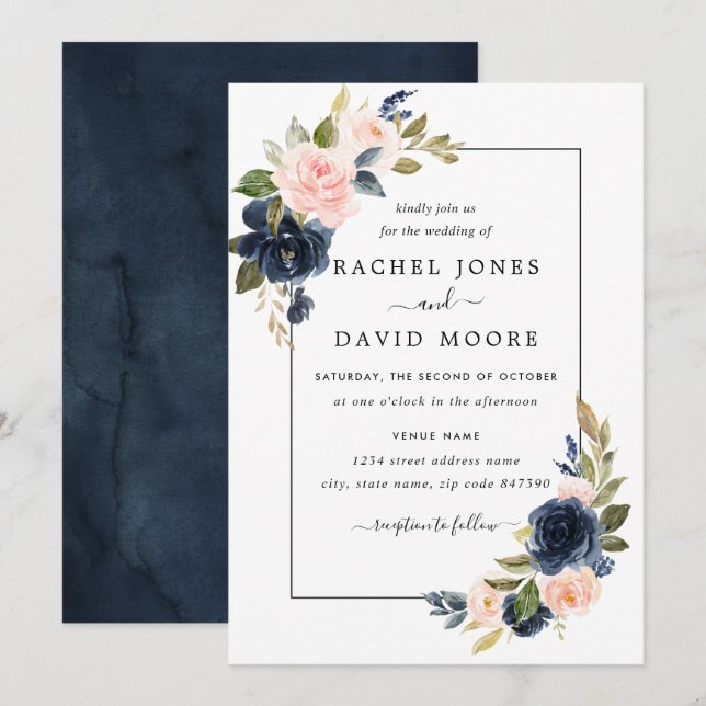 Blush Navy Floral Fleom Faire-part de mariage (Devant / Derrière)