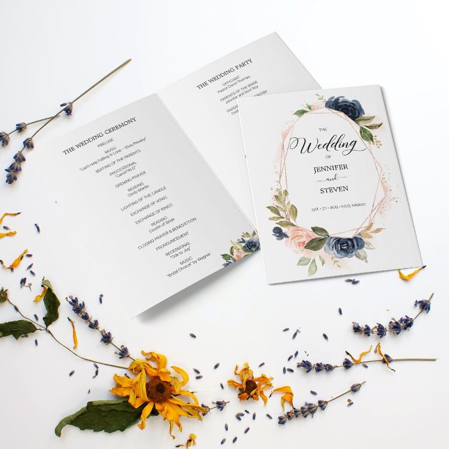 Blush Navy Floral Floral Folded Wedding Programme (Créateur téléchargé)