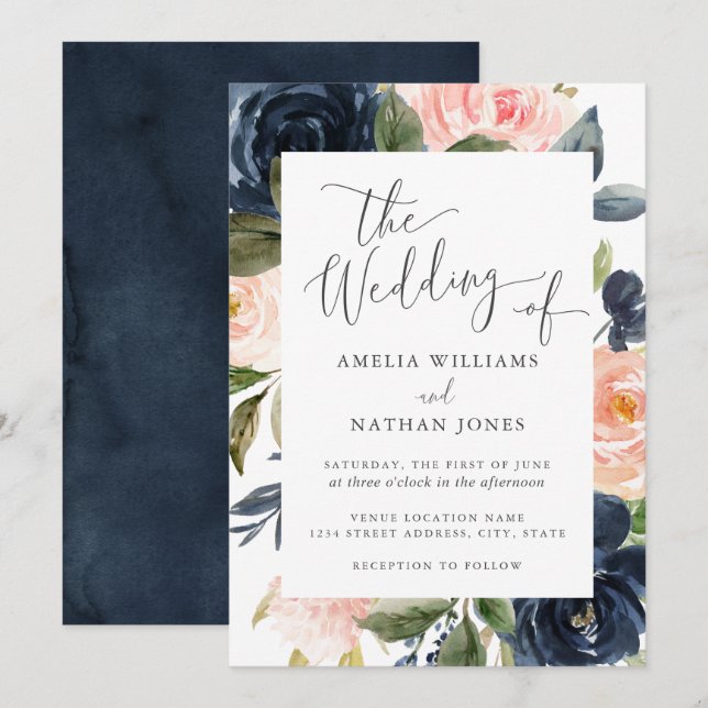 Blush Navy Floral Frame Wedding Einladung (Vorne/Hinten)