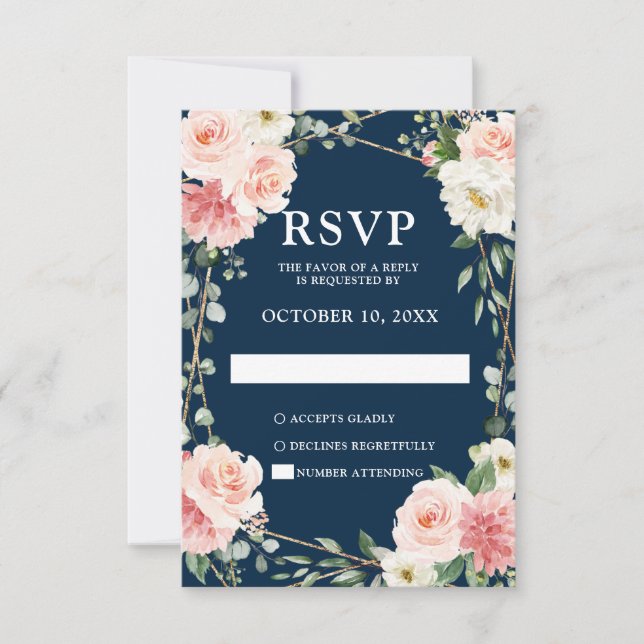 Blush Navy Floral Geometric Botanical Wedding RSVP (Vorderseite)