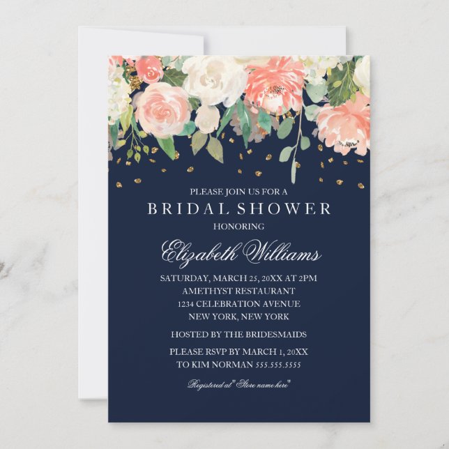 Blush Navy Floral Glitzer Sparkling Brautparty Einladung (Vorderseite)