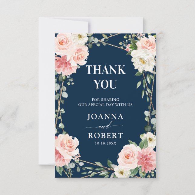Blush Navy Floral Gold Geometric Botanical Wedding Dankeskarte (Vorderseite)