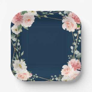 Blush Navy Floral Gold Geometric Botanical Wedding Pappteller