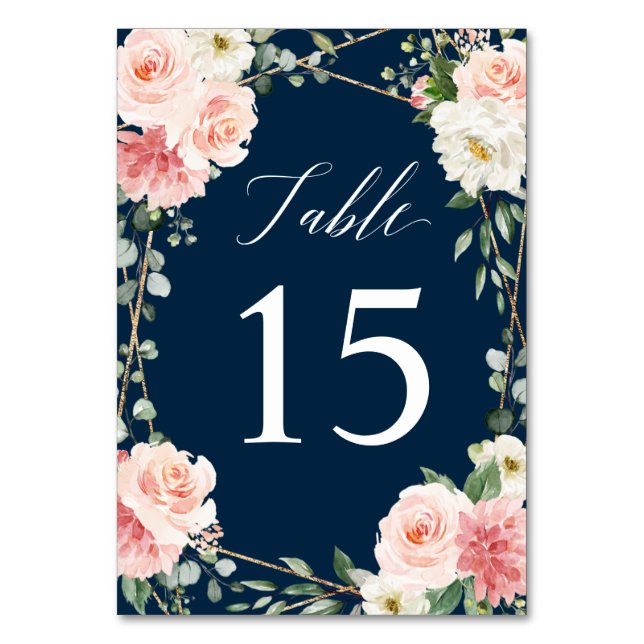 Blush Navy Floral Gold Geometric Botanical Wedding Tischnummer (Vorderseite)