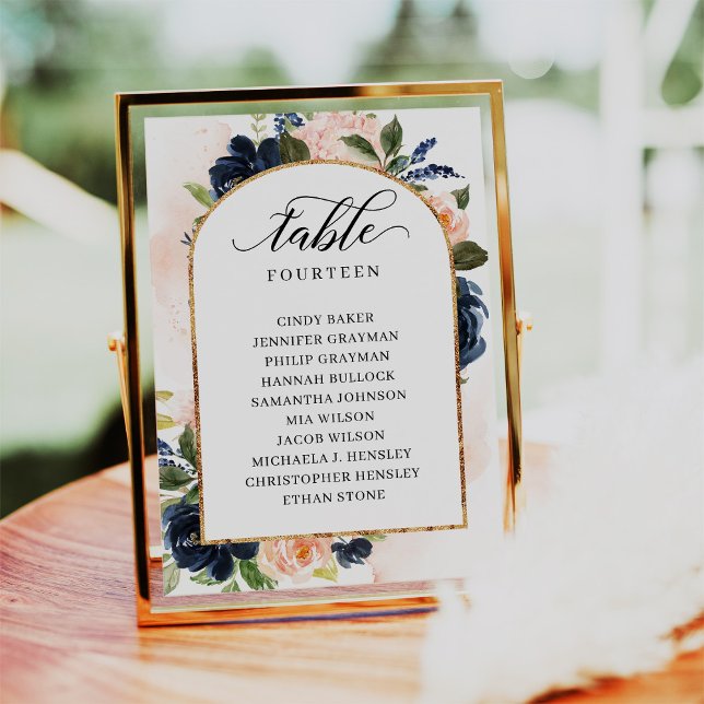 Blush Navy Floral Numéro de table Siège Cartes de  (Créateur téléchargé)