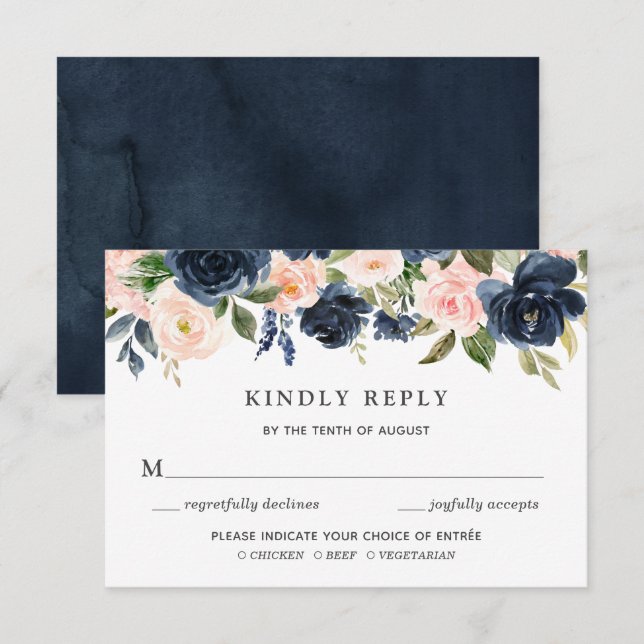 Blush & Navy Floral Wedding Einladung RSVP Karte (Vorne/Hinten)