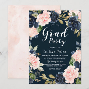 Blush Navy Floral Wreath Grad Party Abschluss Einladung