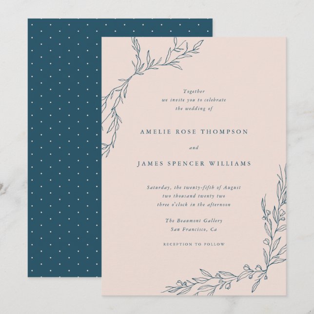 Blush & Navy Hand gezeichnet Botanische Hochzeit i Einladung (Vorne/Hinten)