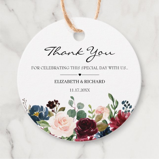Blush Navy-Hochzeit in Burgund Geschenkanhänger (Vorderseite)
