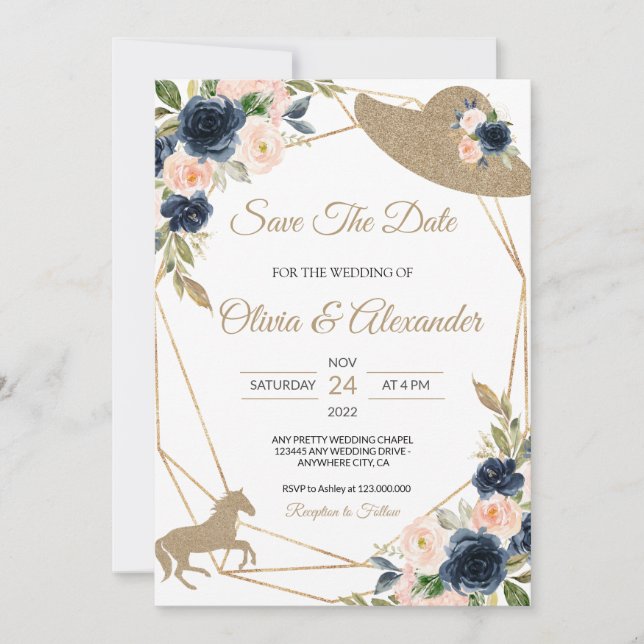 Blush & Navy Kentucky Derby Wedding Save the Date Einladung (Vorderseite)