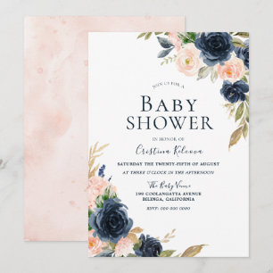 Blush & Navy Peach Blume Babydusche Einladung