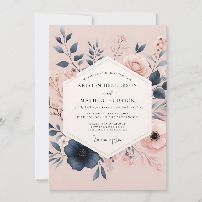 Blush & Navy Poetic Bloom Wedding Einladung (Vorderseite)