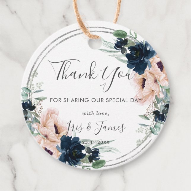 Blush Navy Rose Floral Silver Wedding Vielen Dank Geschenkanhänger (Vorderseite)