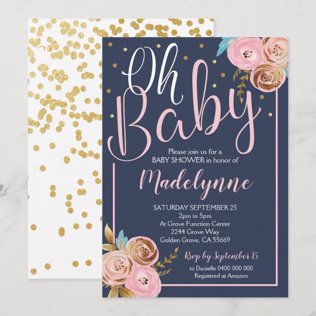 Blush Navy und Gold Floral Baby Dusche Einladung (Vorne/Hinten)