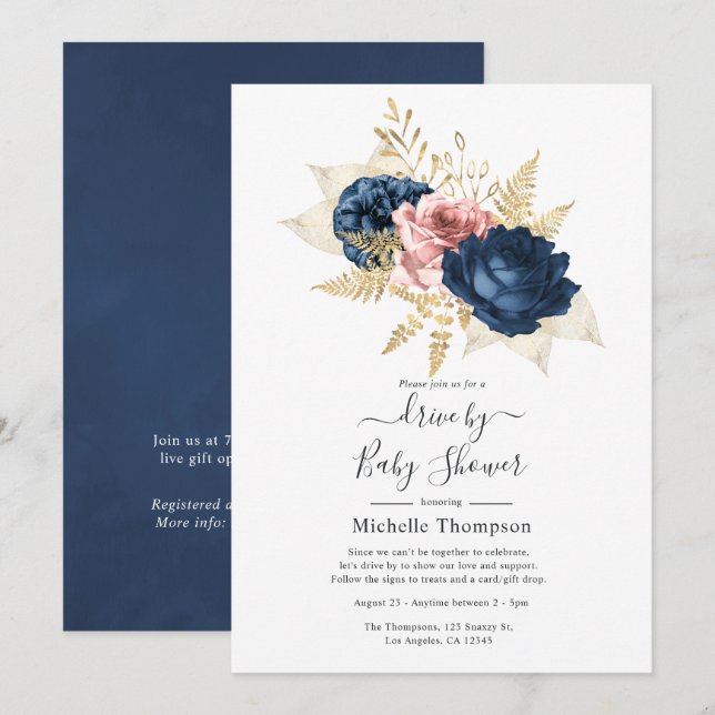 Blush, Navy und Gold Floral Drive durch Dusche Einladung (Vorne/Hinten)