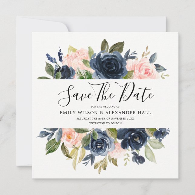 Blush & Navy Wasserfarbe Blume Hochzeit Save The Date (Vorderseite)