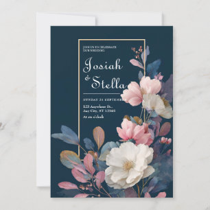 Blush & Navy Wasserfarbenblütenhochzeit Einladung