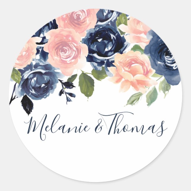 Blush & Navy Wasserfarbenflorale Hochzeitsstimmung Runder Aufkleber (Vorderseite)