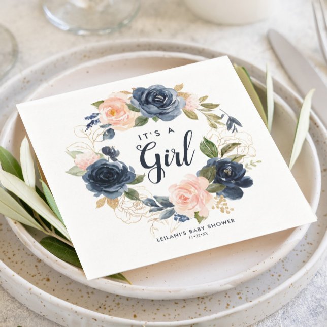 Blush Navy Wreath Watercolor Babydusche Napkins Serviette (Floral wreath it's a girl with a blush pink and navy blue baby shower napkin for an elegant design.)