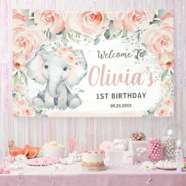 Blush Niedlicher Elefant 1. Geburtstag Hintergrund Banner (Party)
