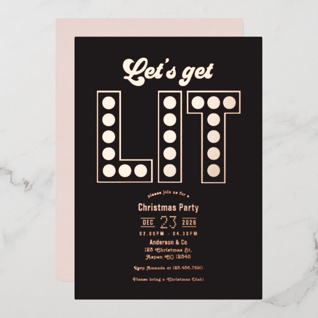 Blush Noir Let's Get Lit Retro Christmas Party Folieneinladung (Vorderseite/Rückseite)
