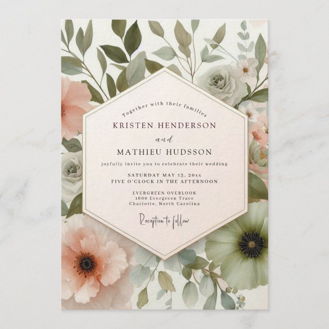 Blush Painterly Flora Wedding Einladung (Vorderseite)